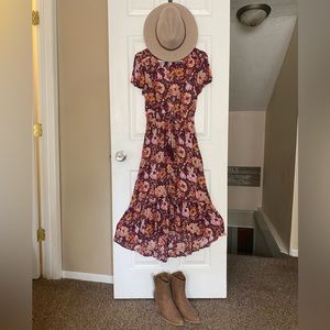Floral Print Midi Boho Style Dress - Size XS